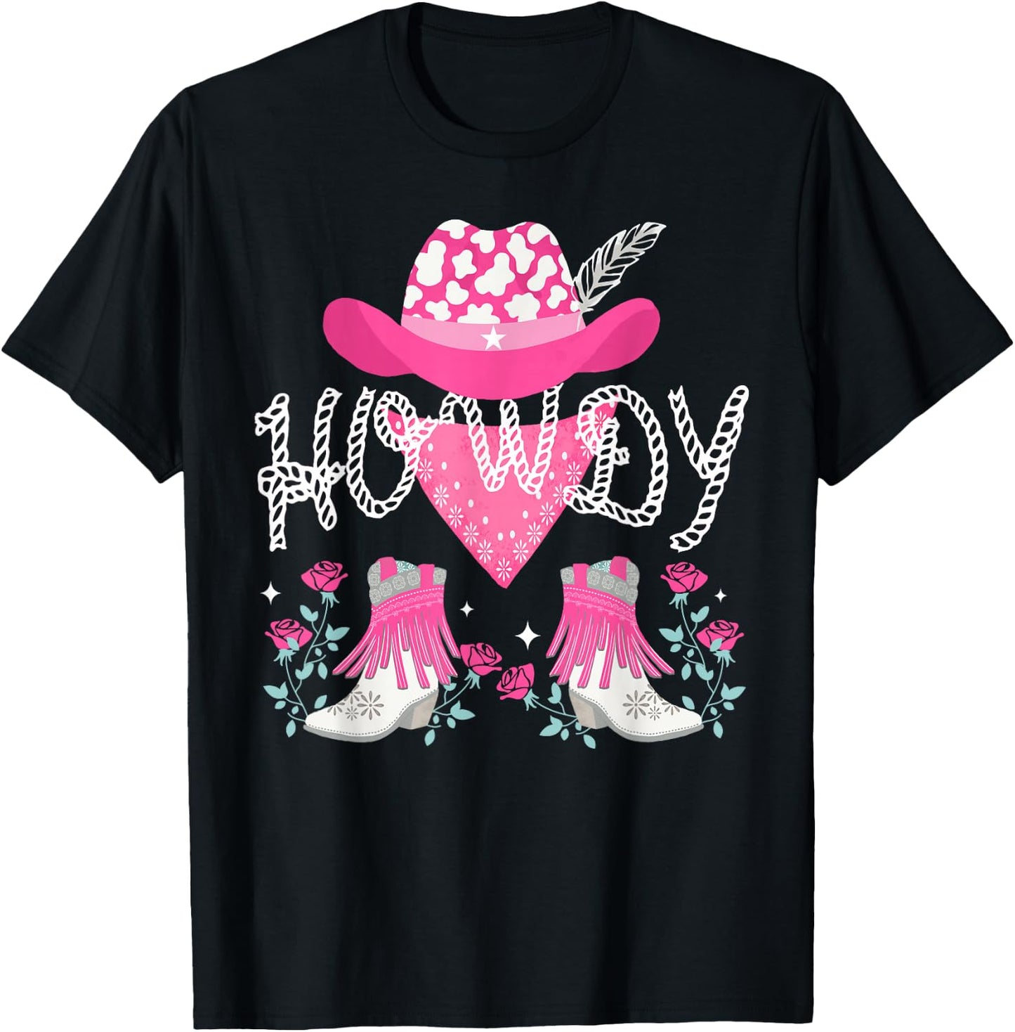 Howdy Pink Cowboy Hat Boots Country Western Rodeo T-Shirt - T-Shirt | Black