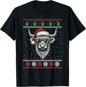 Highland Cow Santa Hat Ugly Christmas Sweater Xmas T-Shirt - T-Shirt | Black