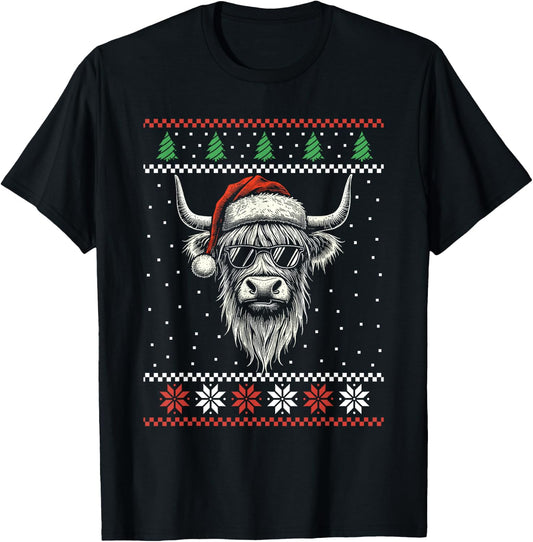 Highland Cow Santa Hat Ugly Christmas Sweater Xmas T-Shirt - T-Shirt | Black