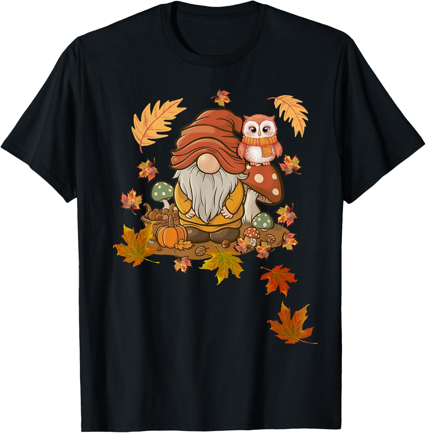 Autumn Season Design Leaves, Owls and Cute Fall Gnome T-Shirt - T-Shirt | Black