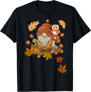 Autumn Season Design Leaves, Owls and Cute Fall Gnome T-Shirt - T-Shirt | Black