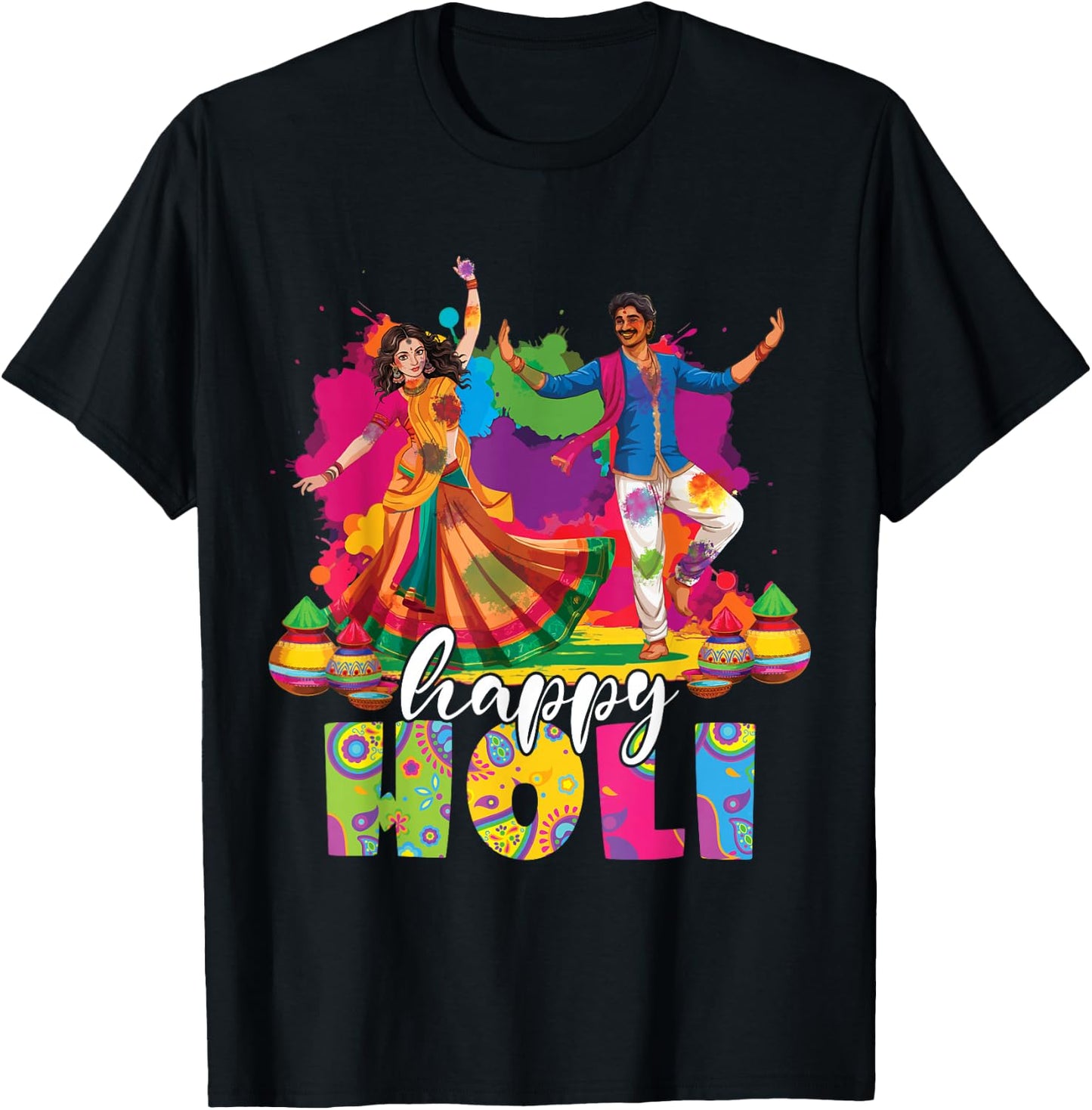 Happy Holi Indian Dancing Spring Holi Festival Of Colors T-Shirt - T-Shirt | Black