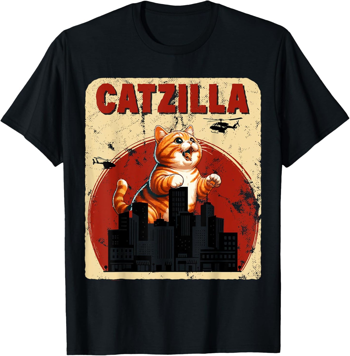Catzilla Funny Giant Orange Tabby Cute Classic Japanese Film T-Shirt - T-Shirt | Black
