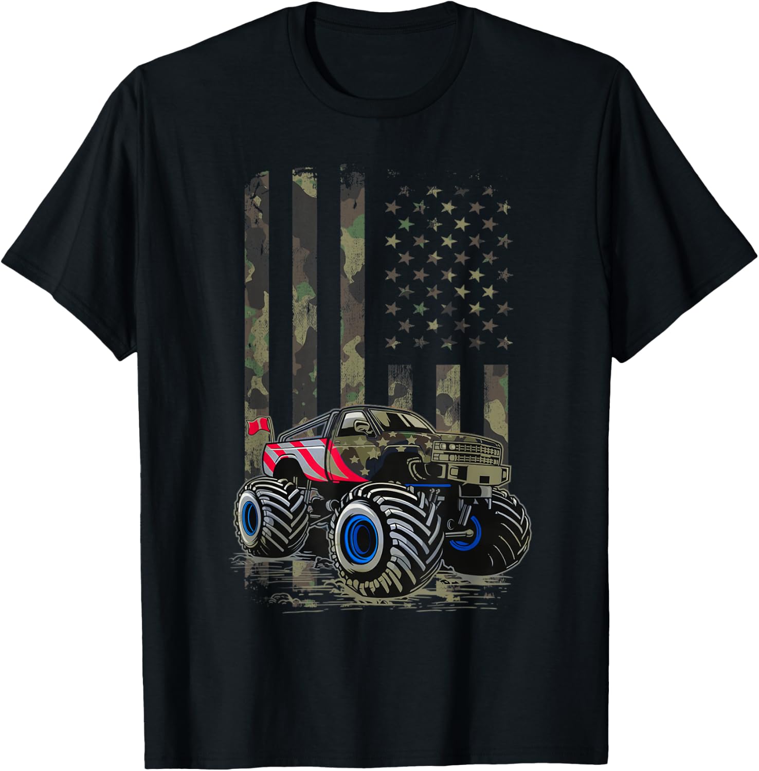 USA Flag Monster Truck Army Camouflage, Monster Trucks Lover T-Shirt - T-Shirt | Black