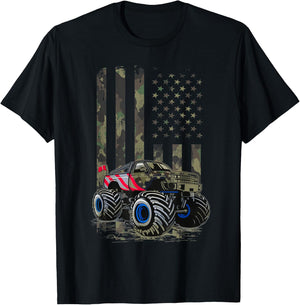 USA Flag Monster Truck Army Camouflage, Monster Trucks Lover T-Shirt - T-Shirt | Black