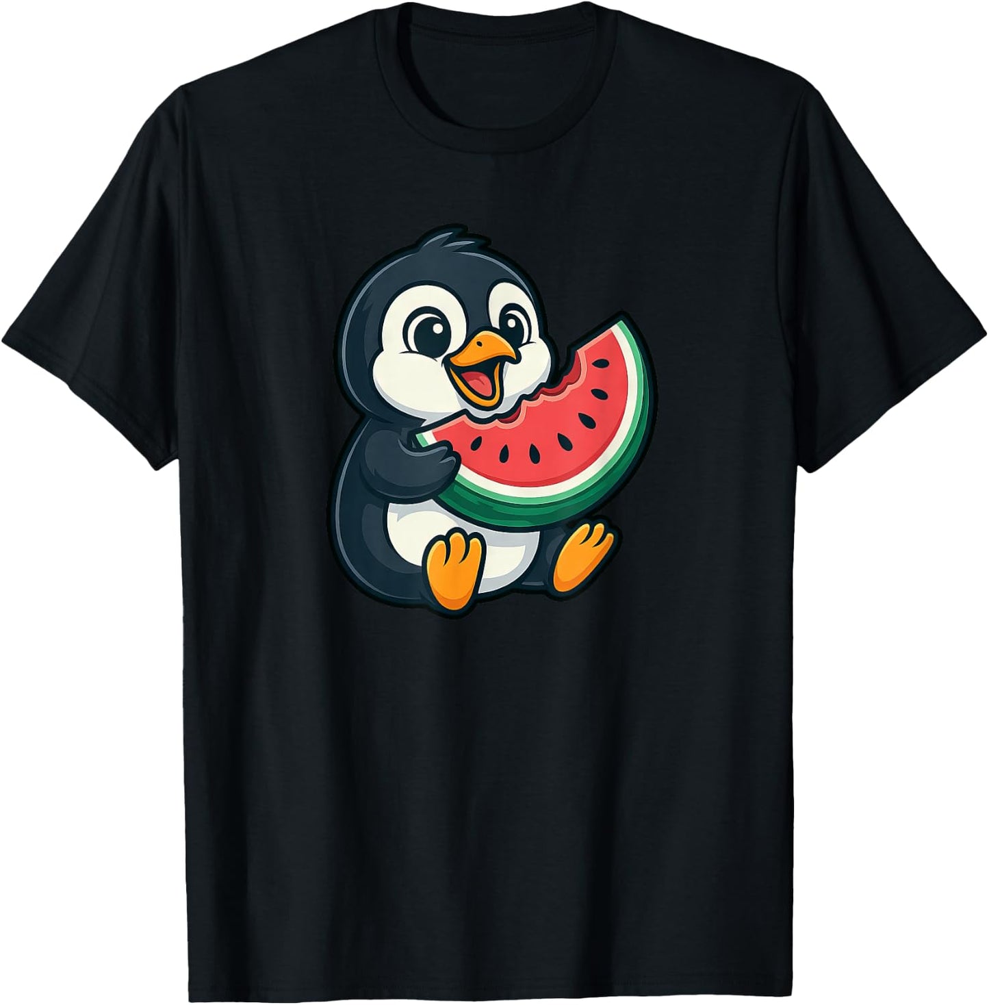 Cute Penguin Eating Watermelon Slice Cartoon T-Shirt - T-Shirt | Black