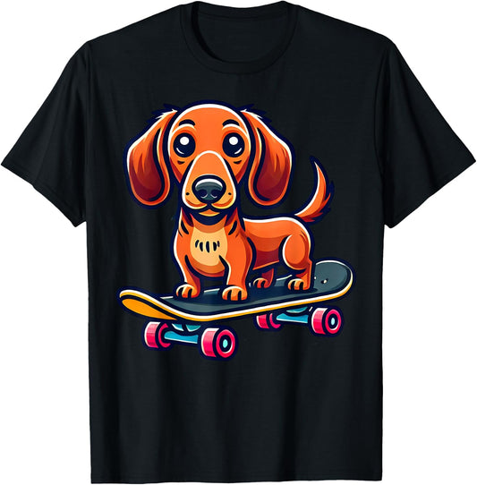 Skateboard Dachshund Cute Skater Doxie Funny Dog Wiener , Black, S T-Shirt - T-Shirt | Black