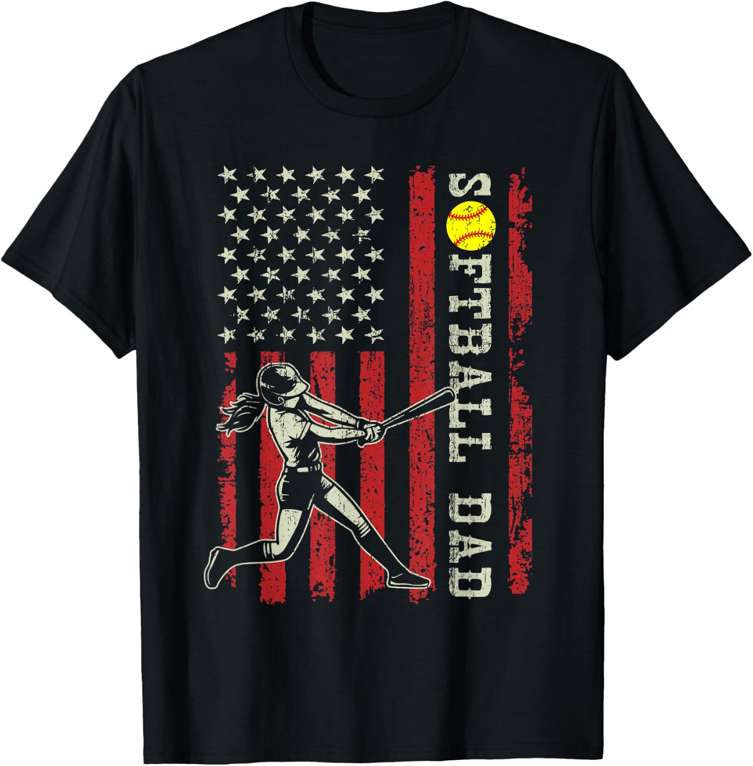 Vintage Softball Dad American Flag Fathers Day Patriotic Men T-Shirt - T-Shirt | Black