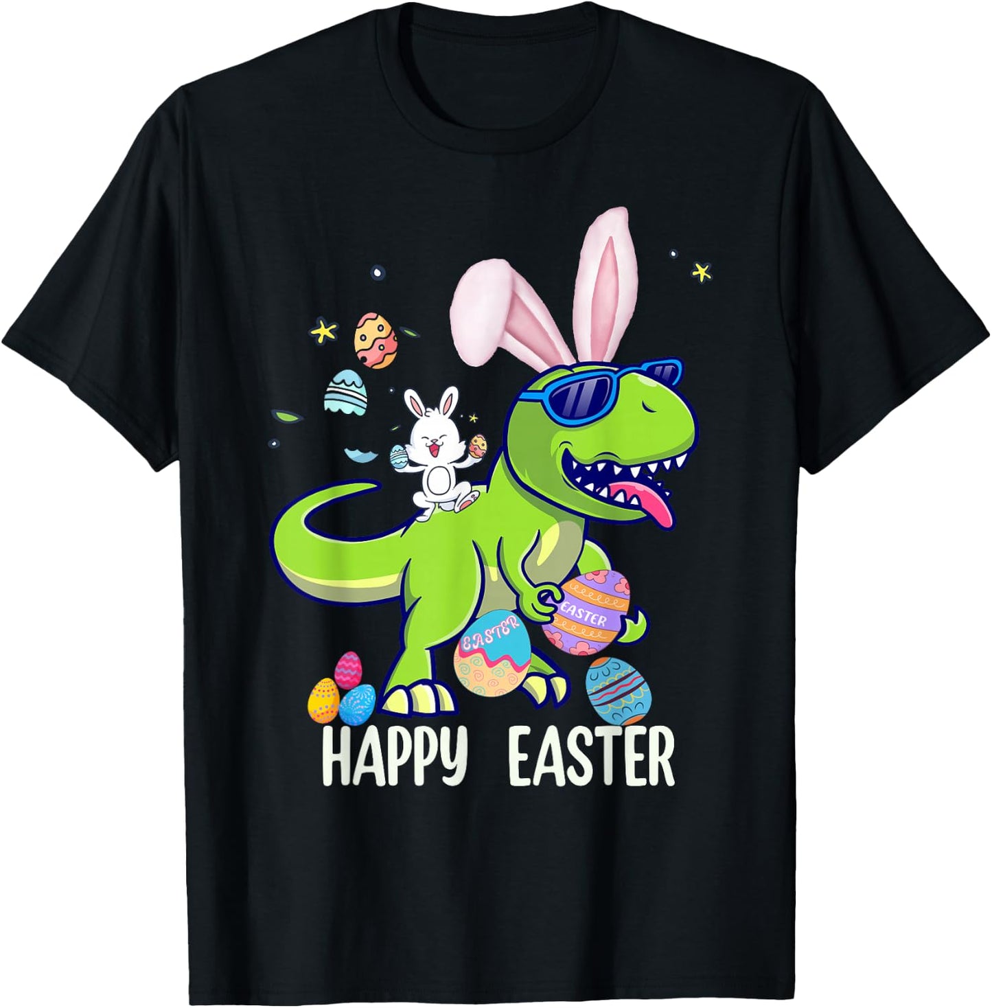 Happy Easter Dino Shirts Kids Funny Dinosaur Bunny Eggs T-Shirt - T-Shirt | Black