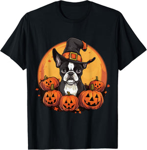 Boston Terrier Bostie Dog Breed Pet Halloween Pumpkins T-Shirt - T-Shirt | Black