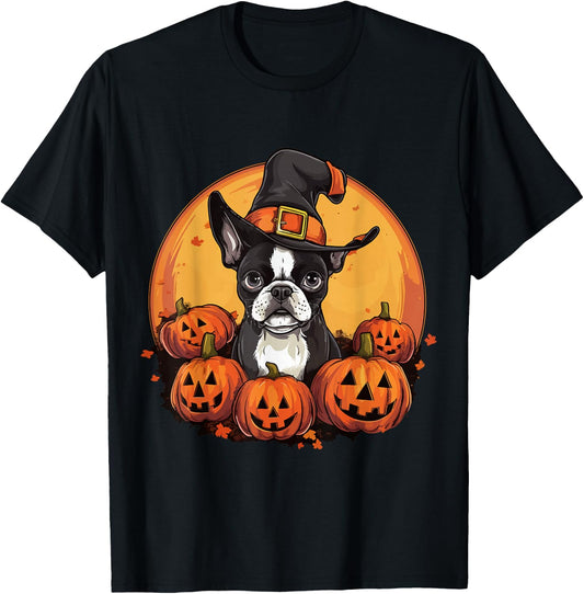 Boston Terrier Bostie Dog Breed Pet Halloween Pumpkins T-Shirt - T-Shirt | Black
