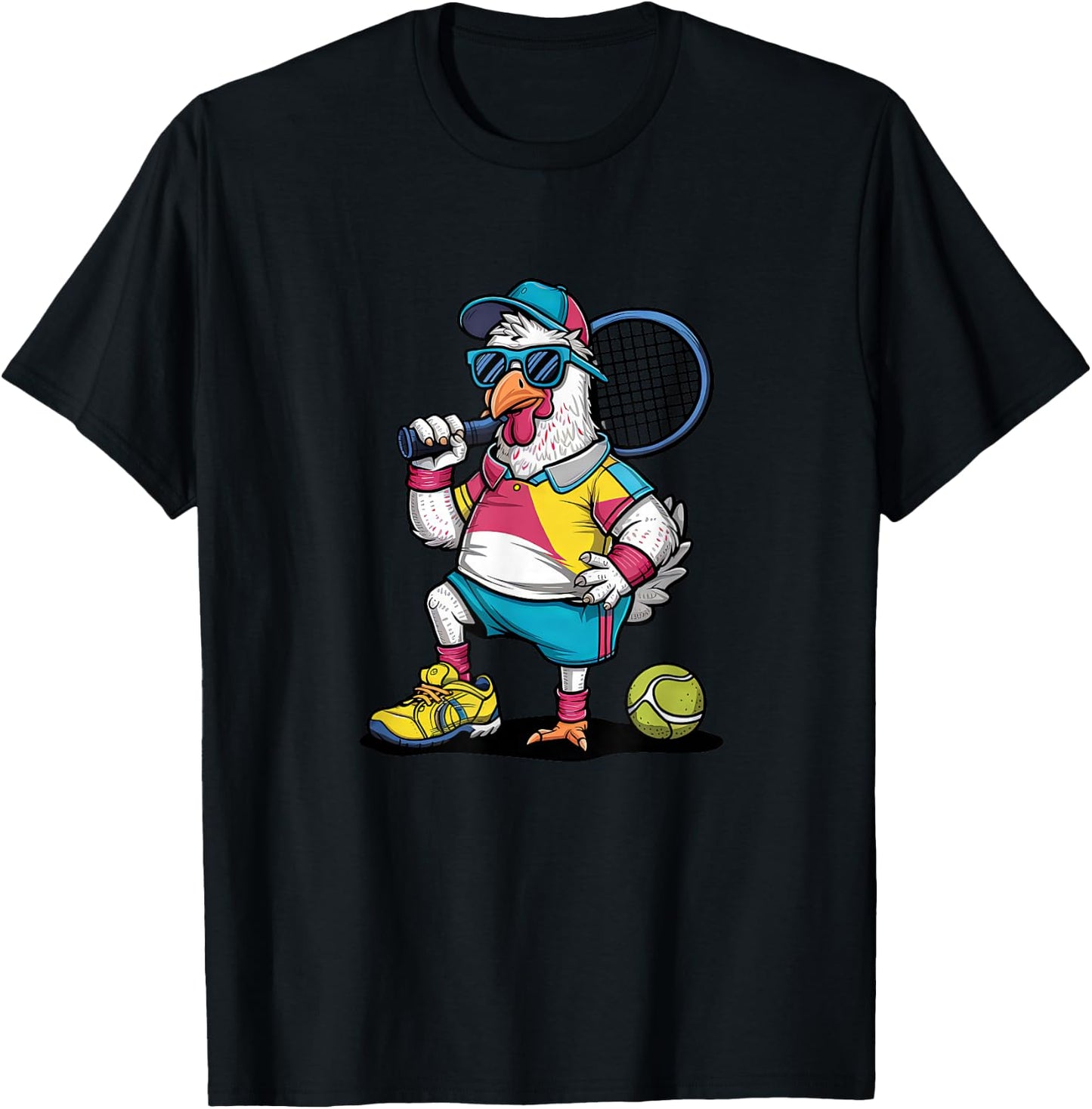 Tennis Rooster Funny Sports Animal Cartoon Art Design T-Shirt - T-Shirt | Black