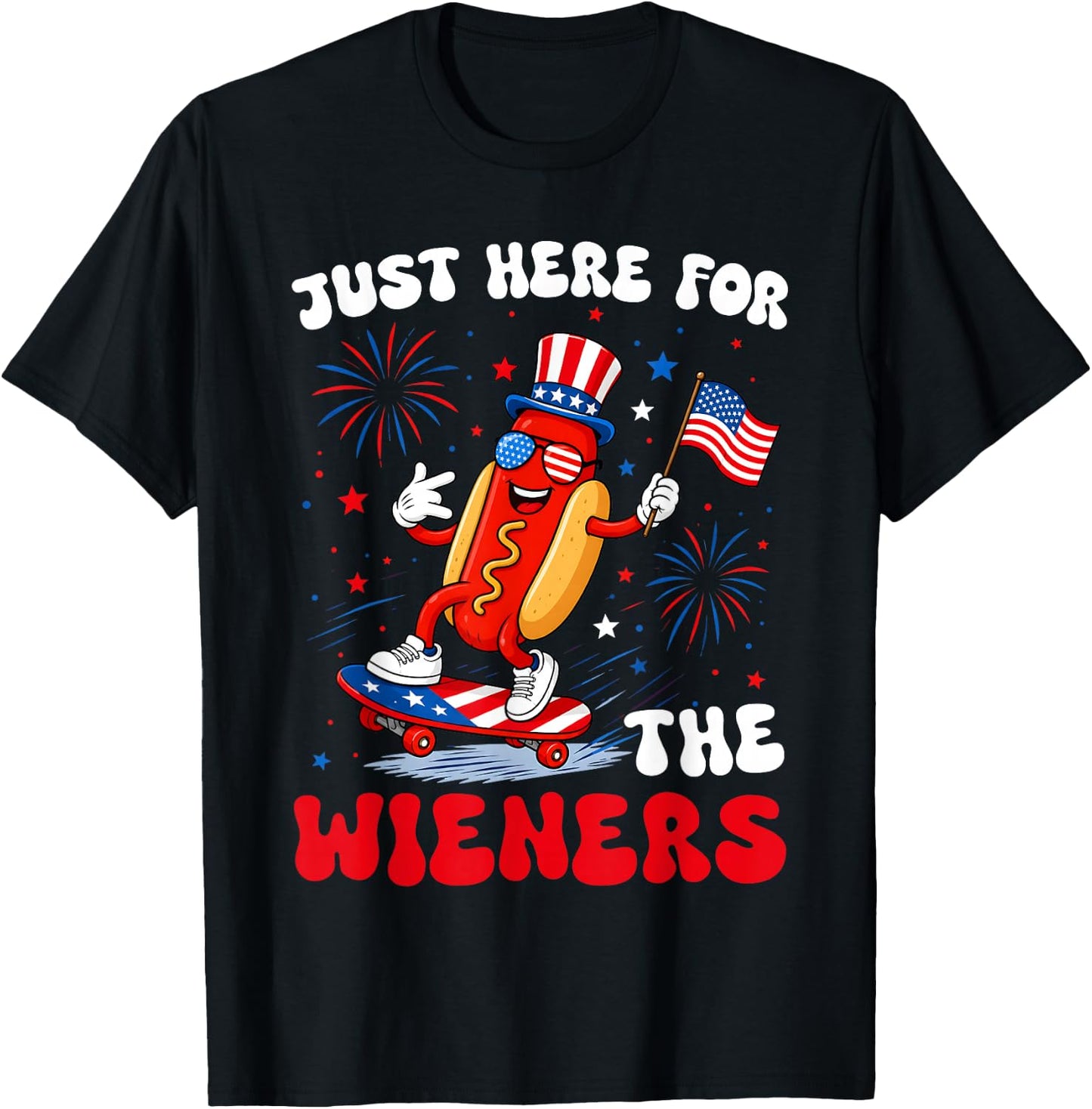 4th of July Just Here for The Wieners Hot Dog Men Women Kid T-Shirt - T-Shirt | Black