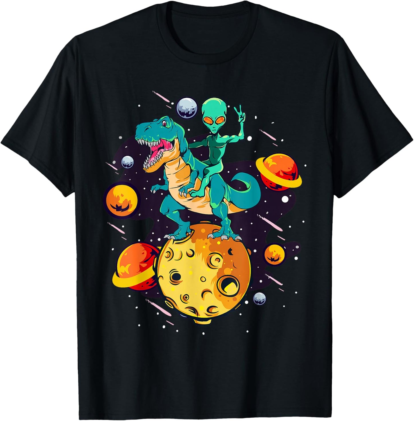 Alien Rides T-Rex - Dinosaurs From Outer Space T-Shirt - T-Shirt | Black