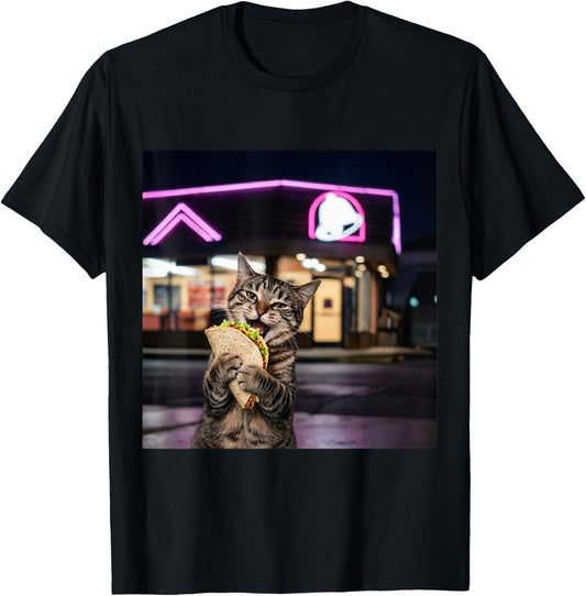Funny Cat Eating Taco Cat Meme Vintage 90s Edgy Cat Lovers T-Shirt - T-Shirt | Black