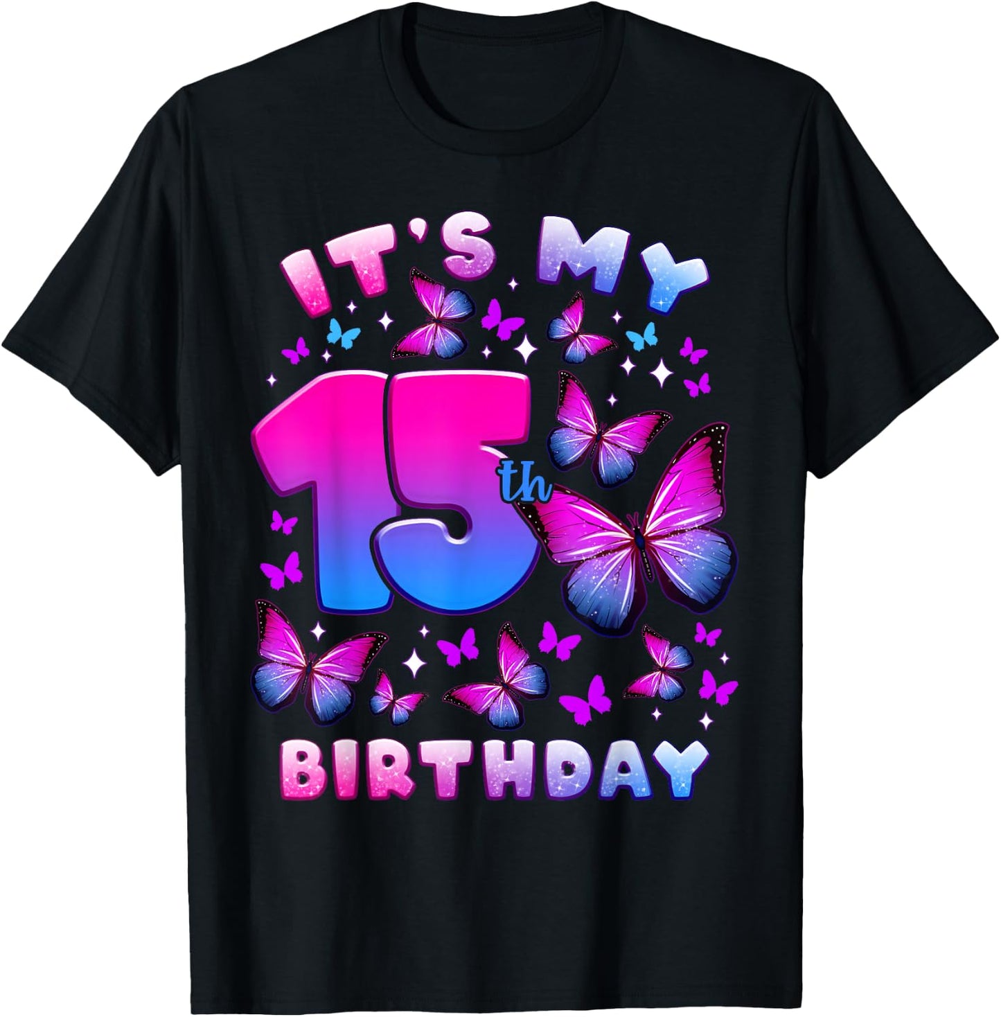 Birthday Girl 15 Years Old Butterfly Number 15 T-Shirt - T-Shirt | Black