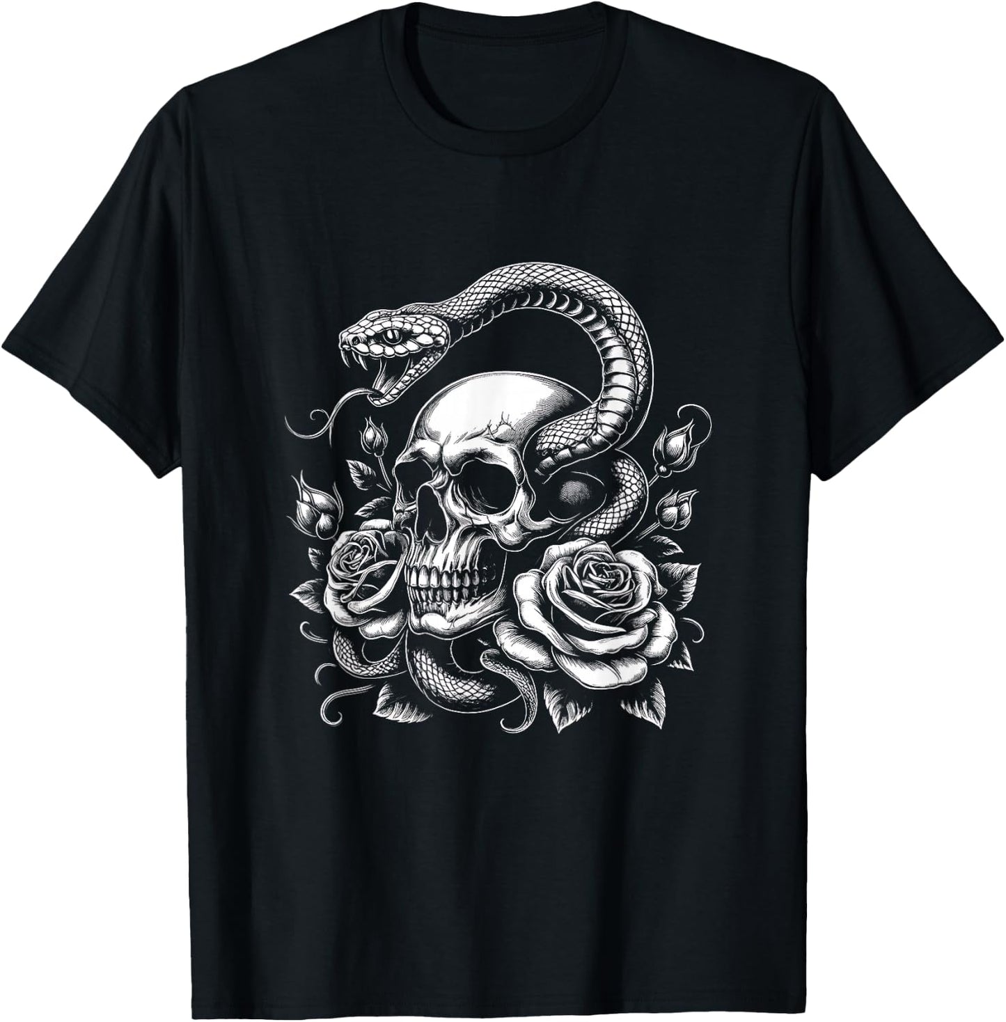 Skull Snake Graphic Rose Flower Art Design T-Shirt - T-Shirt | Black