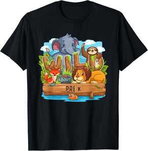 Wild About Pre-K Back To School Jungle Animals Gift T-Shirt - T-Shirt | Black