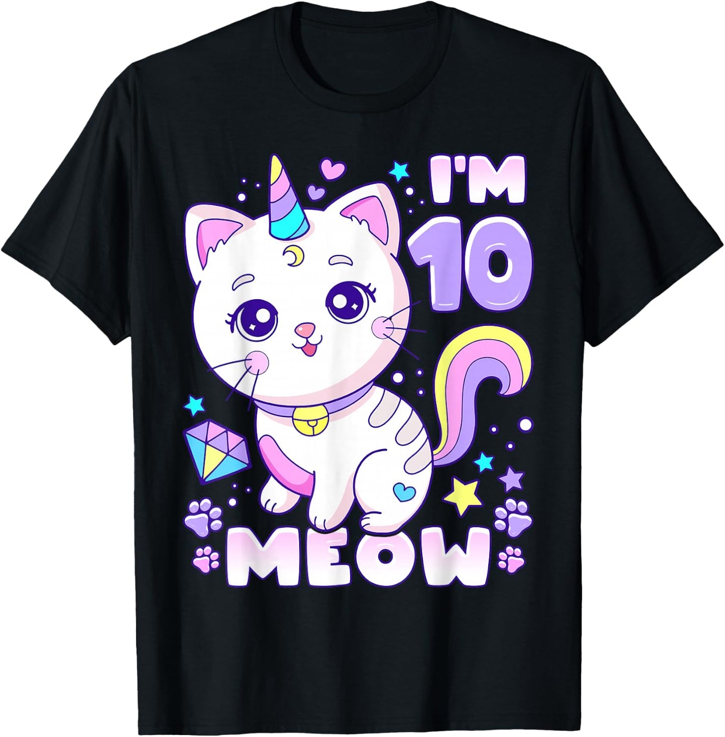 Birthday girl 10 years old, cat, unicorn, 10th birthday T-Shirt - T-Shirt | Black
