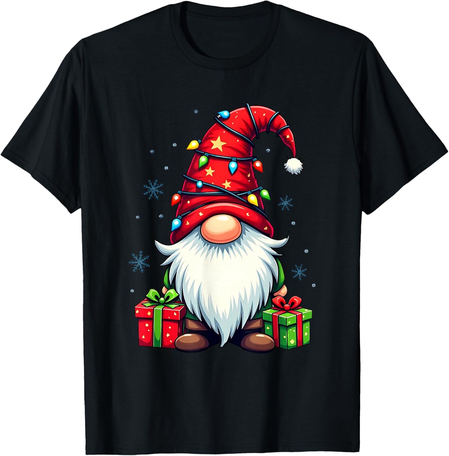 Festive Christmas Gnome with Lights and Snowflakes , black T-Shirt - T-Shirt | Black