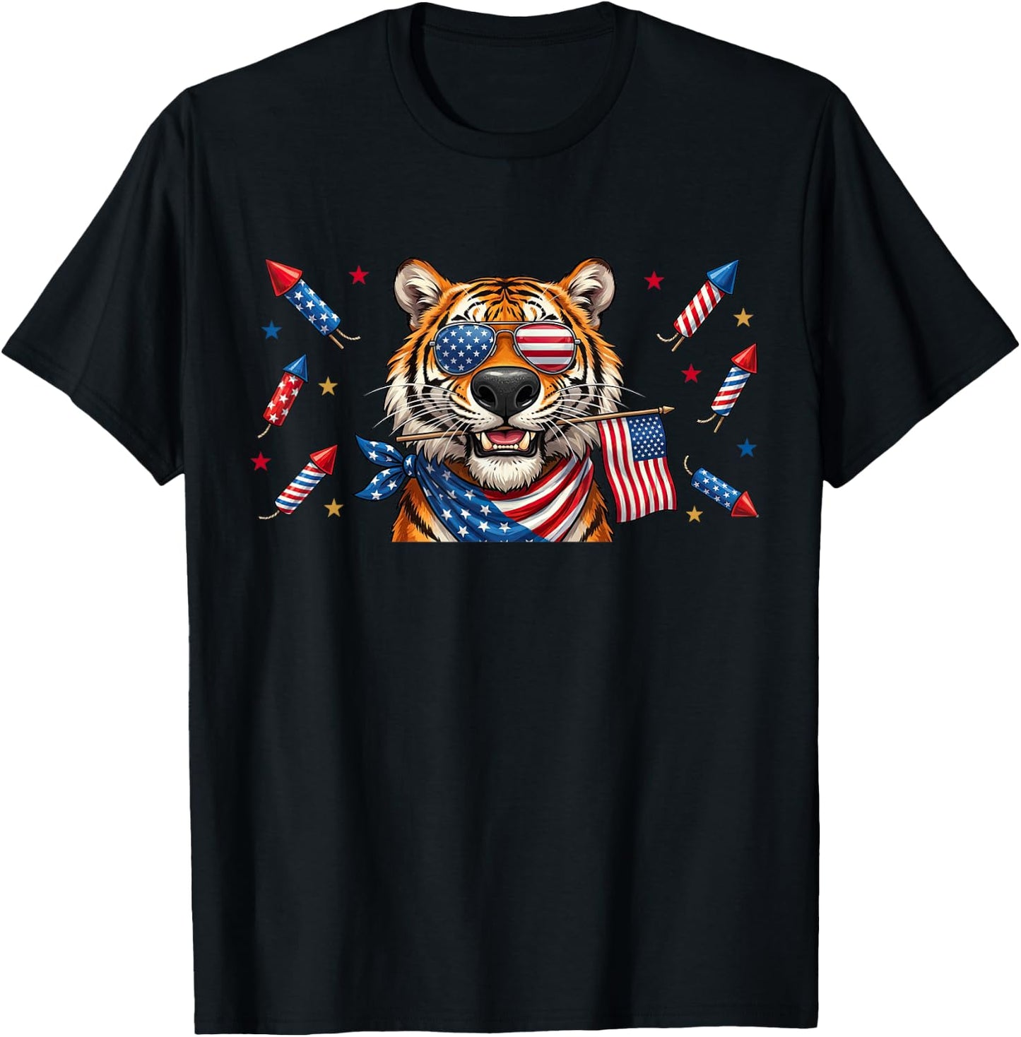 Funny Tiger American USA Flag Memorial Day 4th of July T-Shirt - T-Shirt | Black