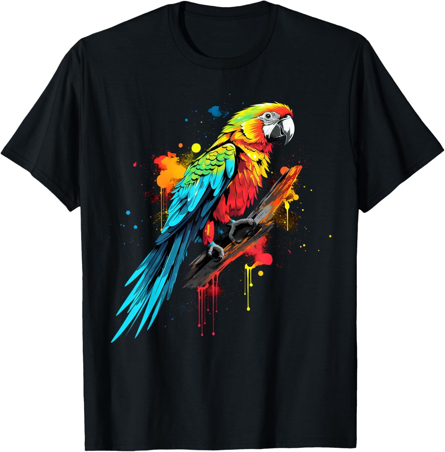 Cool Parrot on Colorful Painted Parrot T-Shirt - T-Shirt | Black