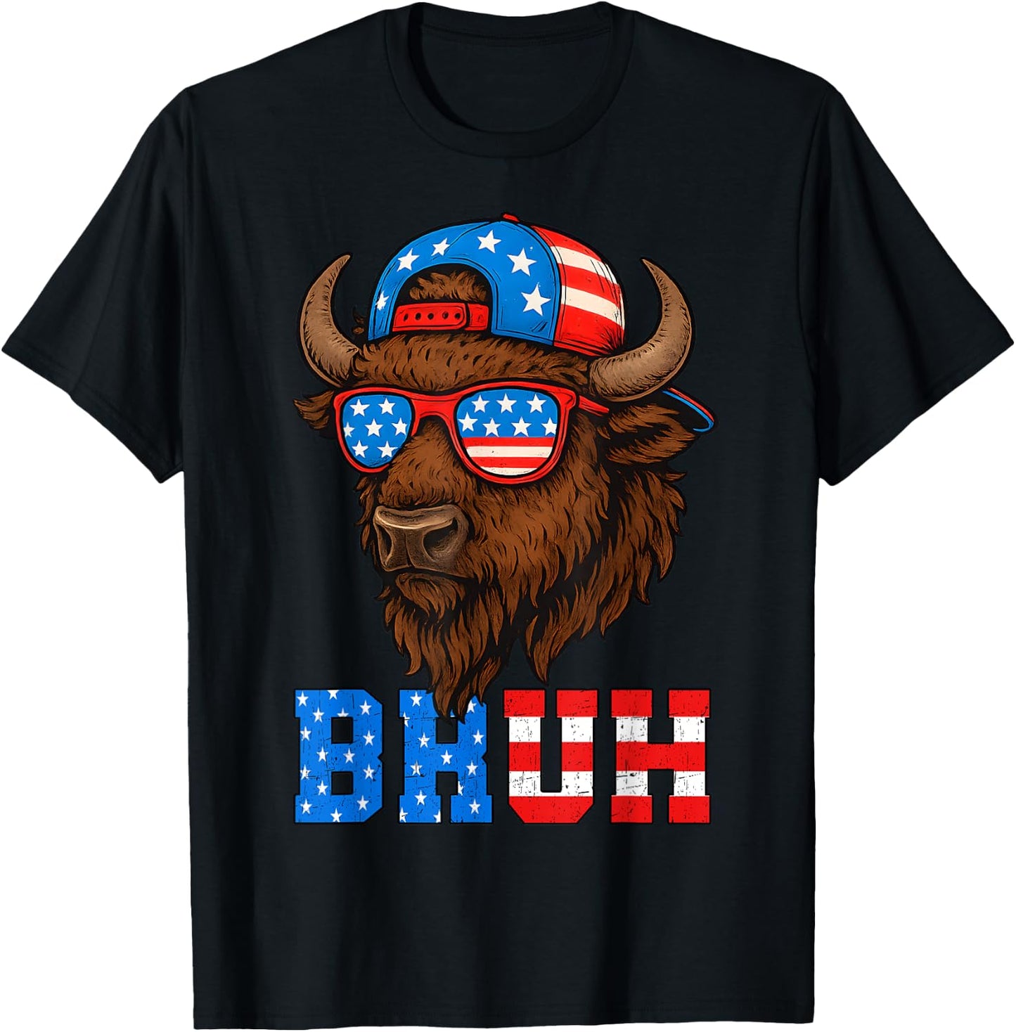 Funny Bison Bruh Patriotic 4th Of July Men Boys Kids T-Shirt - T-Shirt | Black