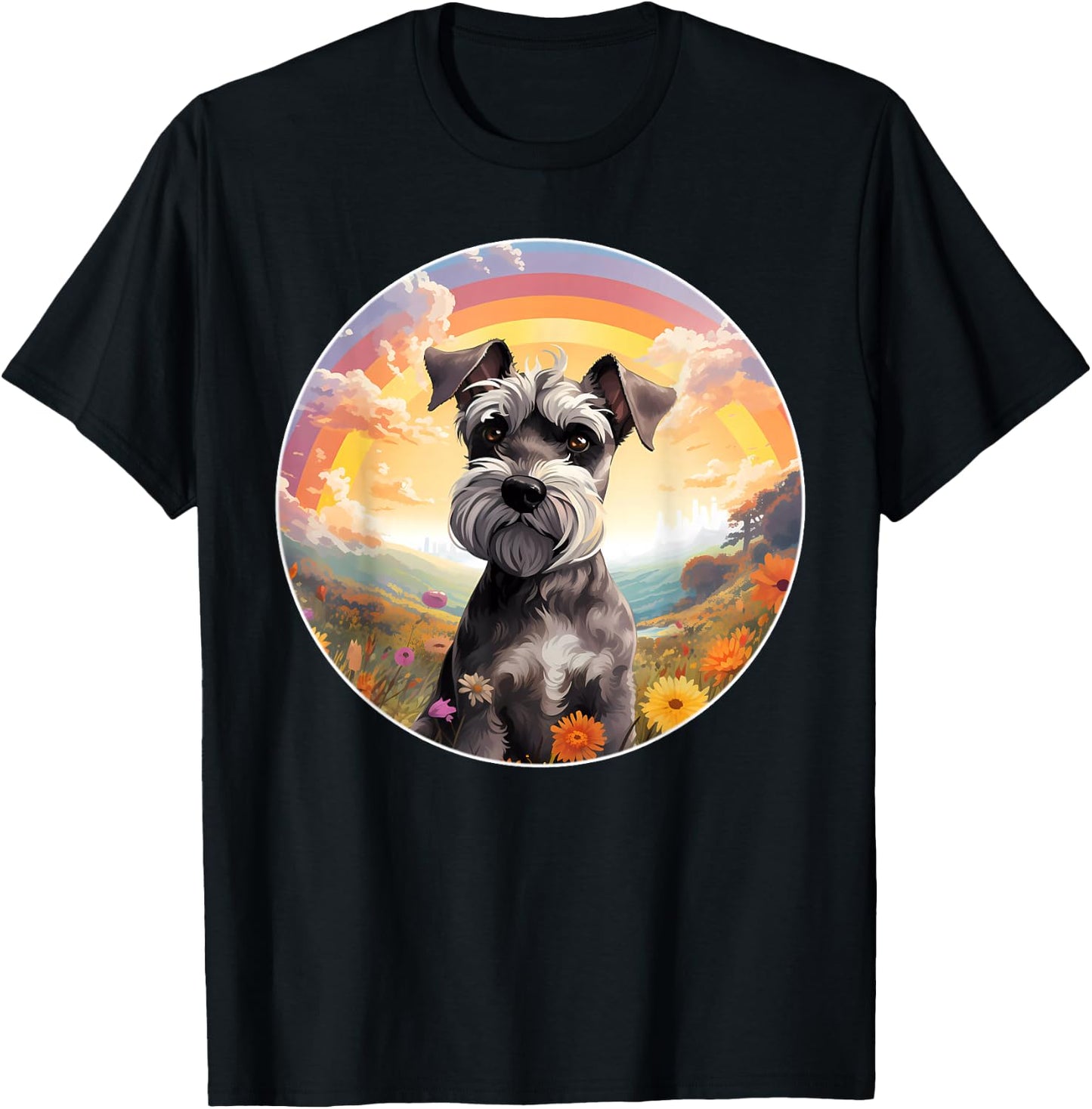 Miniature Schnauzer Lover Cute Rainbow Bridge Puppy Dog Art T-Shirt - T-Shirt | Black