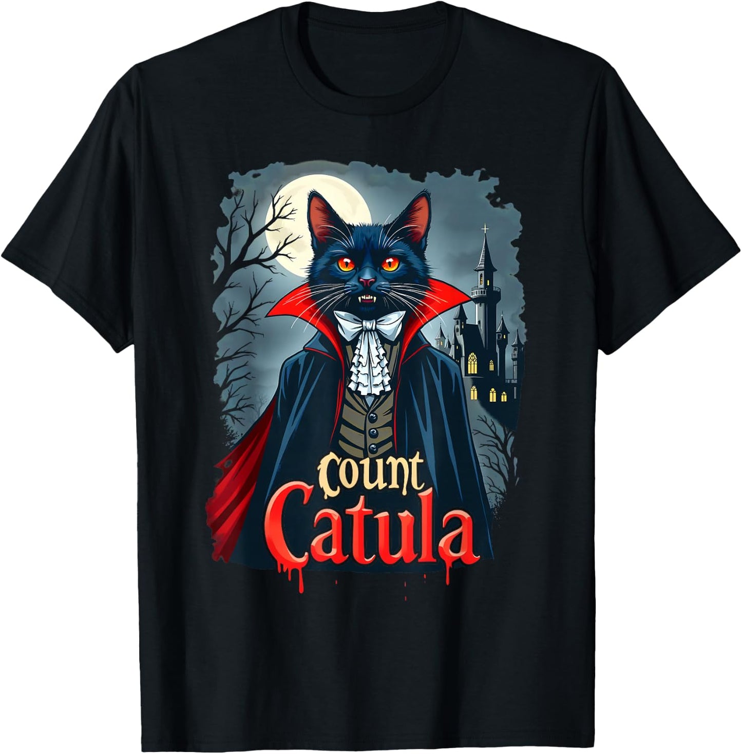 Count Catula Dracula Spooky Horror Vampire Cat Halloween T-Shirt - T-Shirt | Black