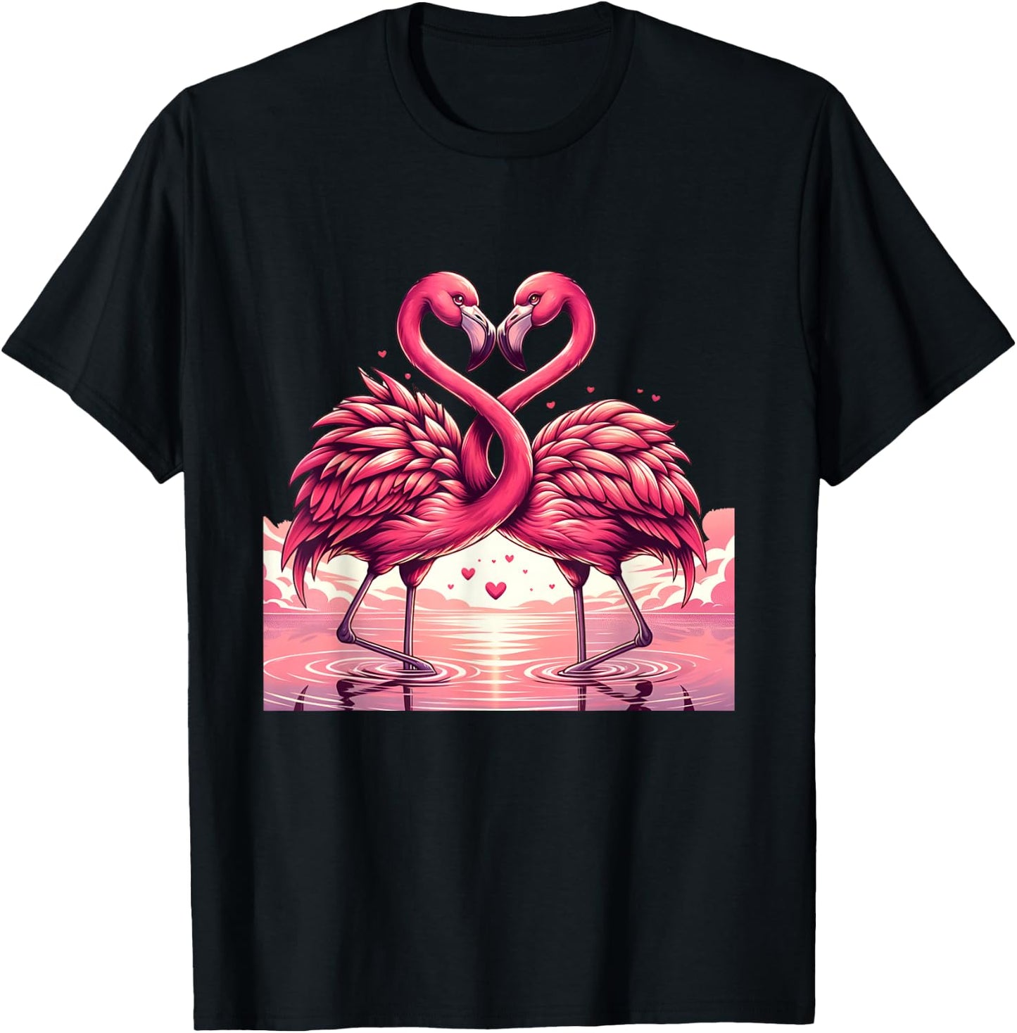 Adorable Flamingo Pair Embrace Valentine Hearts T-Shirt - T-Shirt | Black