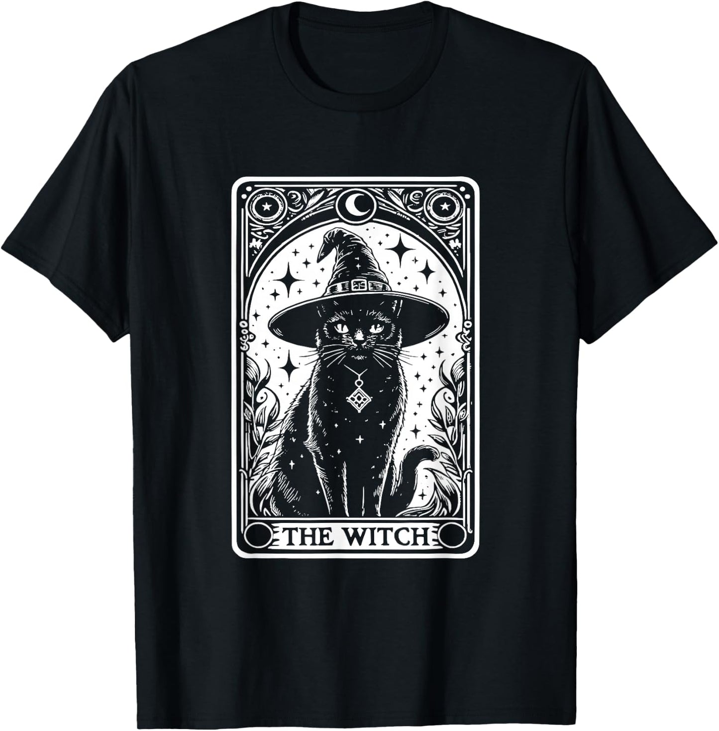 The Witch Cat Halloween Vintage Gothic Tarot Card , black T-Shirt - T-Shirt | Black
