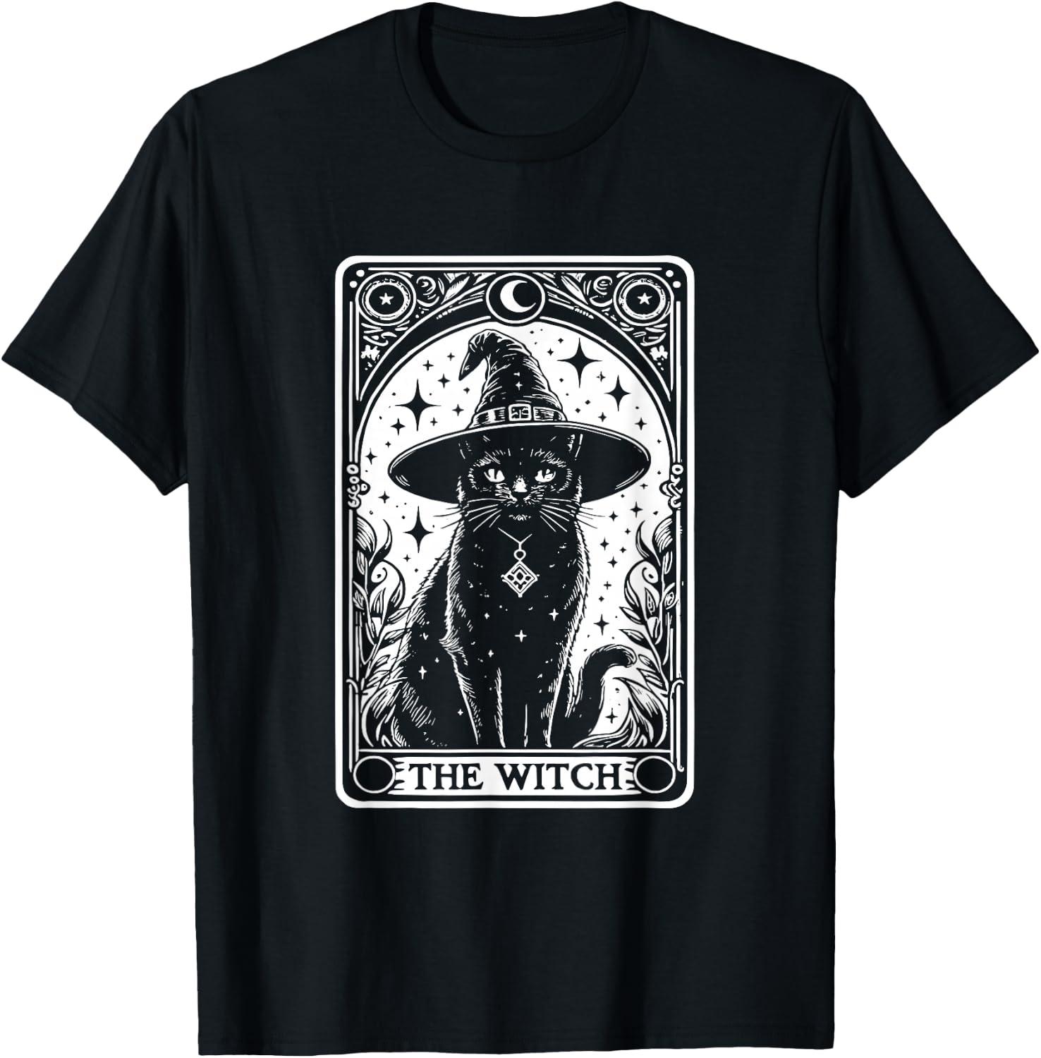 The Witch Cat Halloween Vintage Gothic Tarot Card , black T-Shirt - T-Shirt | Black