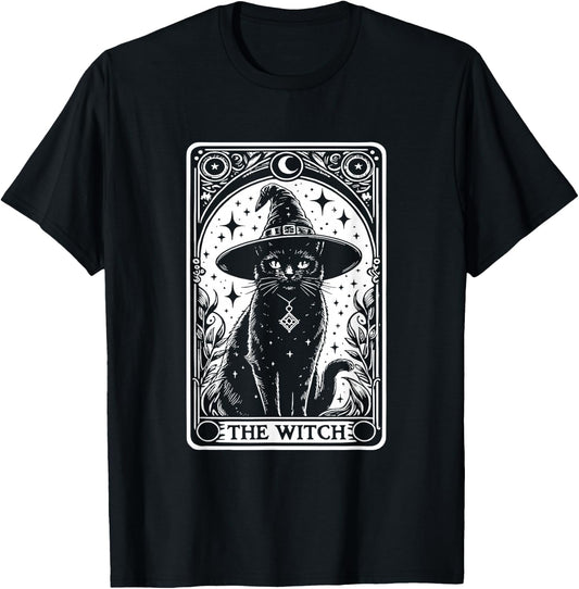 The Witch Cat Halloween Vintage Gothic Tarot Card , black T-Shirt - T-Shirt | Black