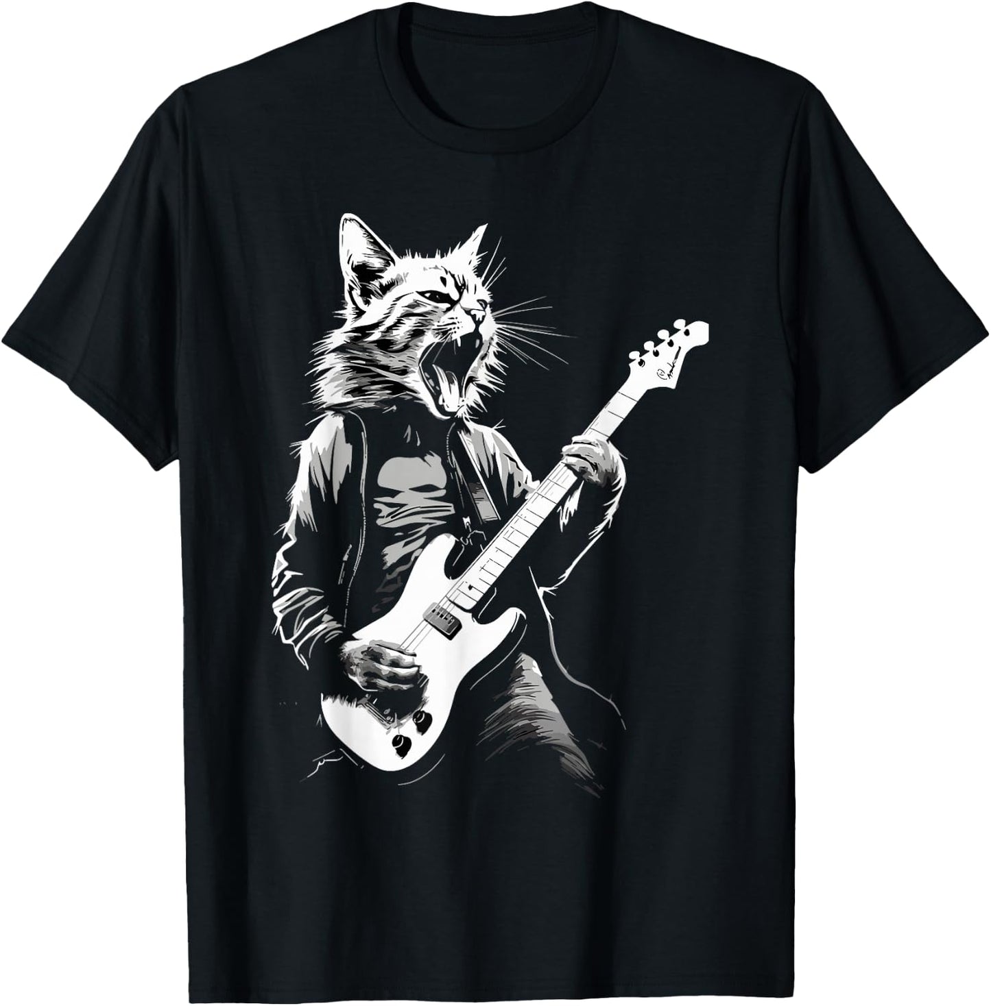 Rock Cat Playing Guitar Funny Cat T-Shirt - T-Shirt | Black