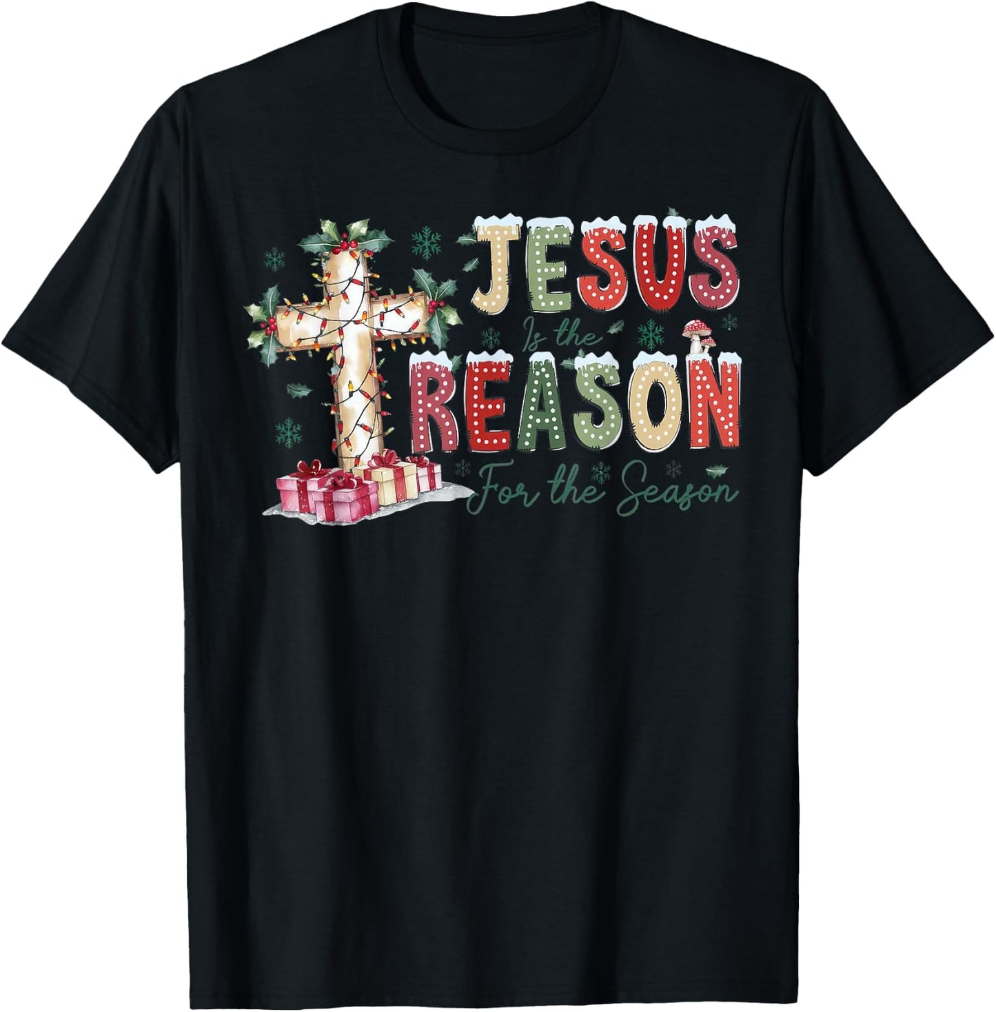Jesus Is The Reason For The Season Religious Christmas Cross T-Shirt - T-Shirt | Black