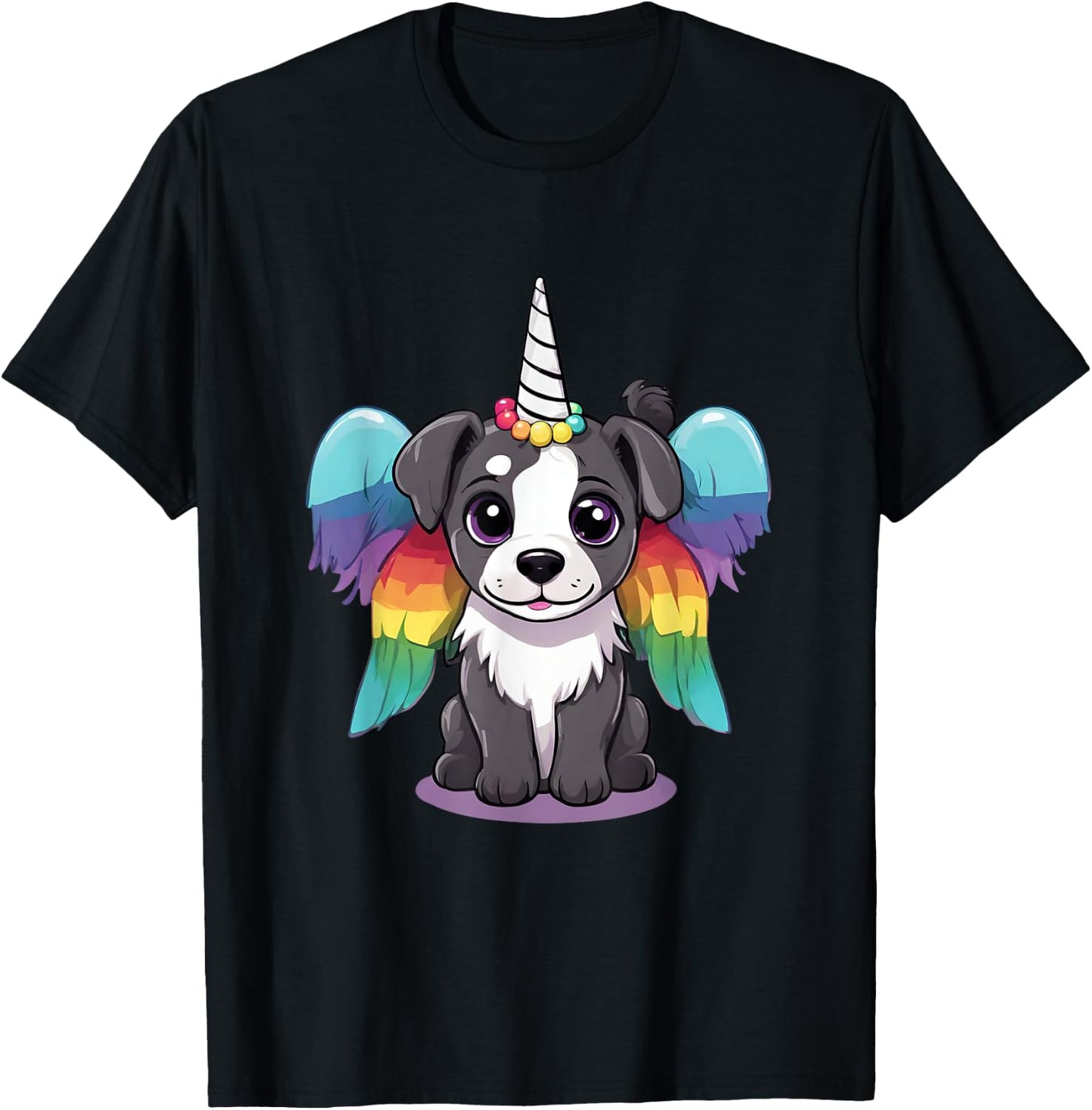Cute Magical Unicorn Puppy Dog With Rainbow Wings Women Kids T-Shirt - T-Shirt | Black