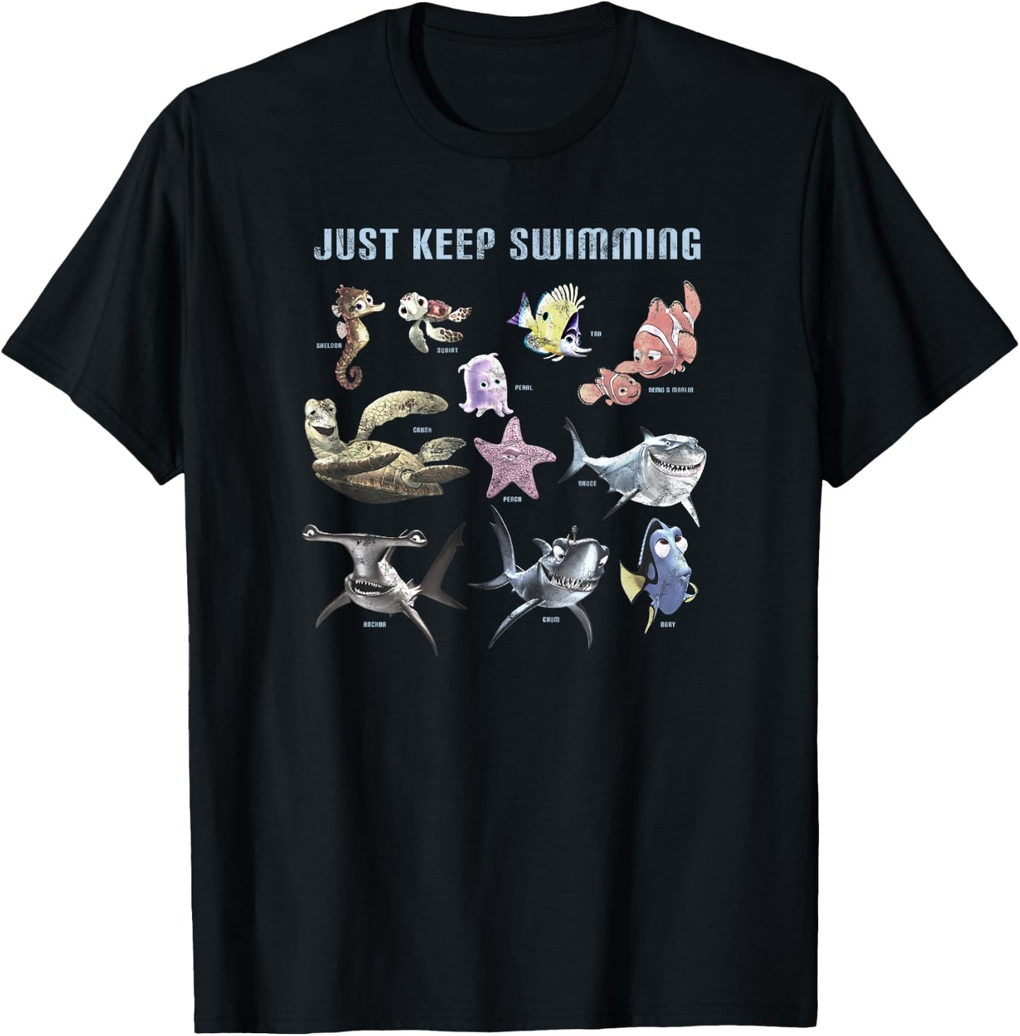 Disney Pixar Finding Nemo Group Chart Just Keep Swimming T-Shirt - T-Shirt | Black