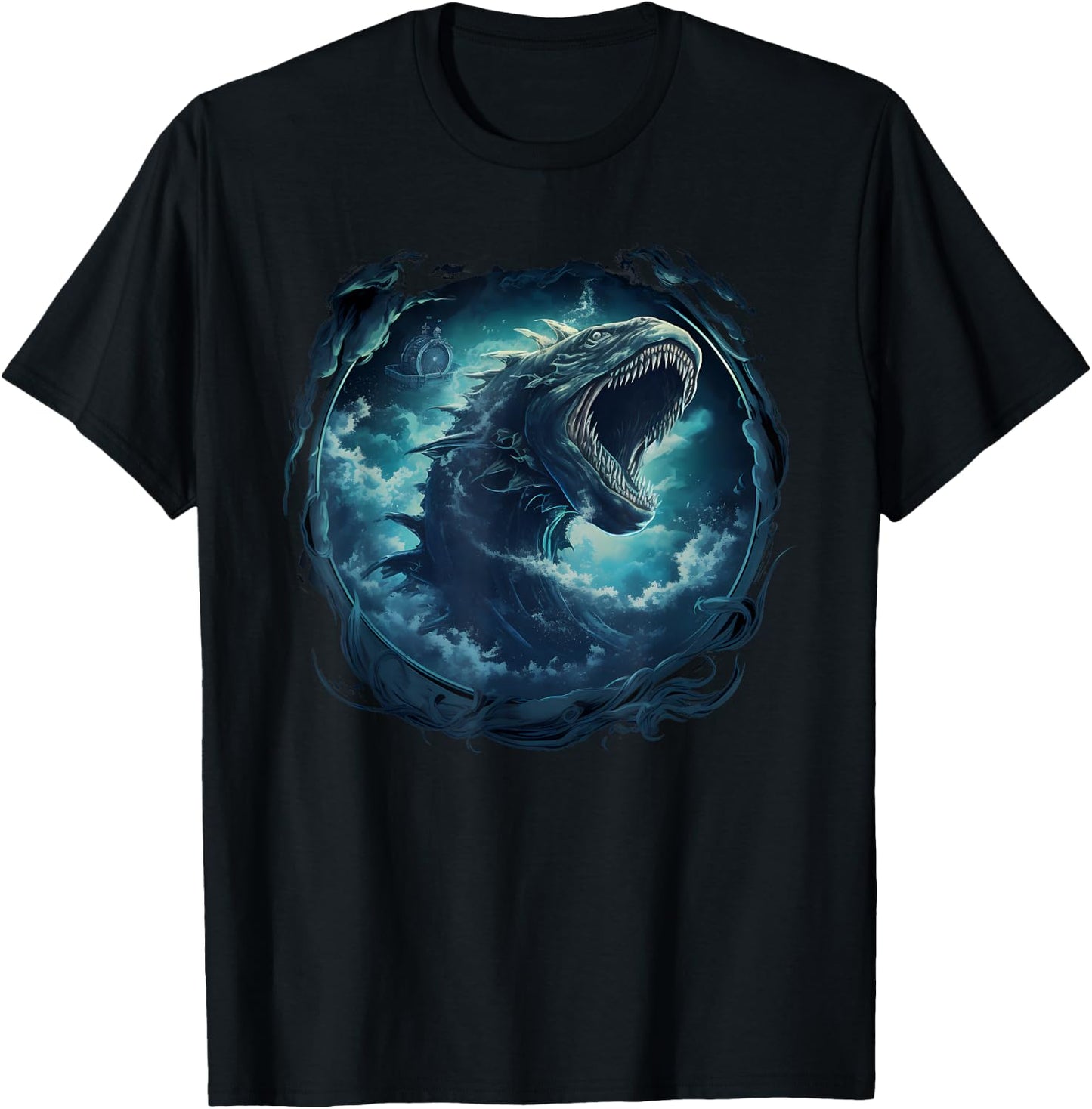 Sea Monster Leviathan Ocean Creature Vintage Art Graphic T-Shirt - T-Shirt | Black