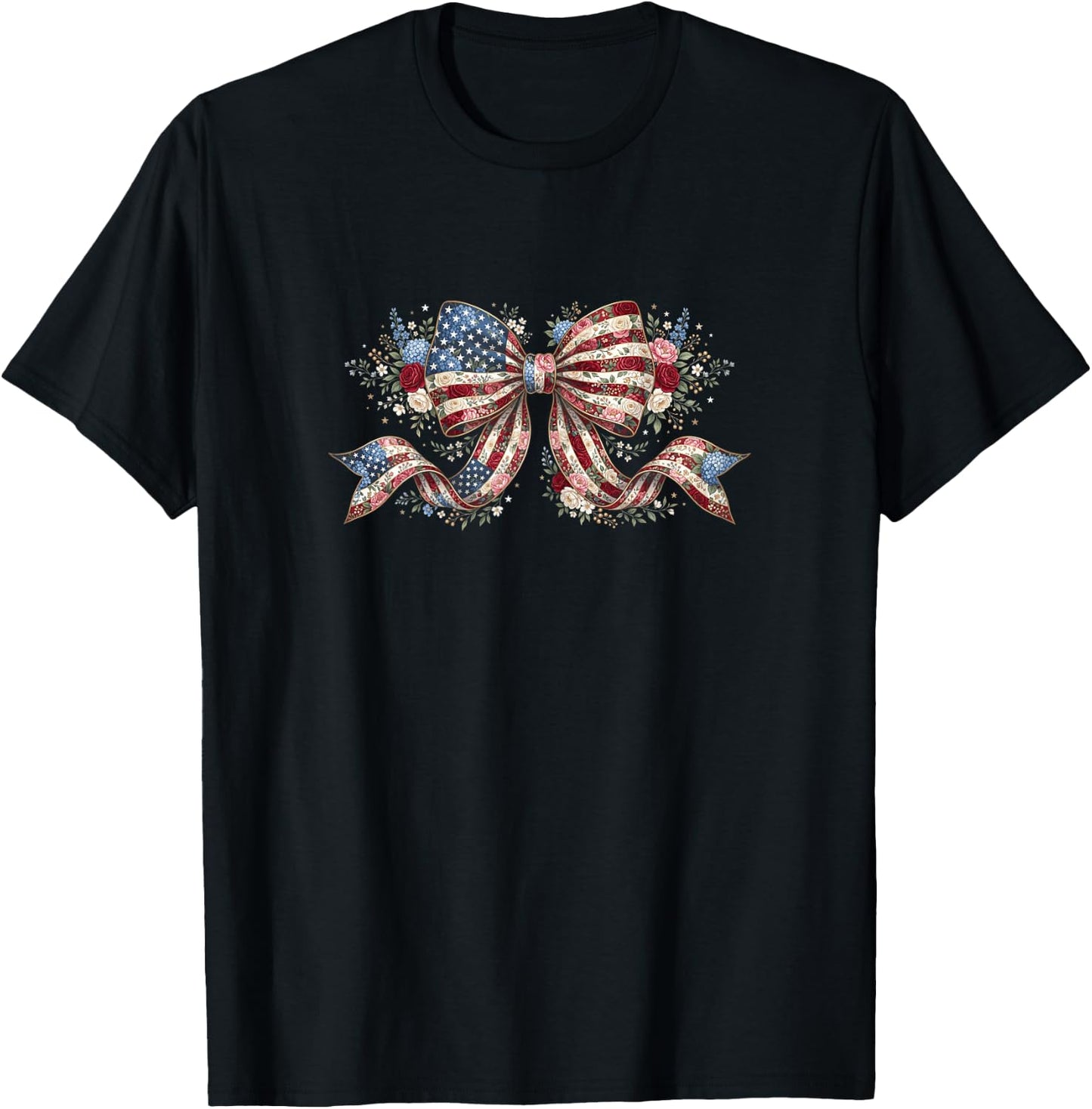 USA Floral Coquette Bow American Flag Flower 4th of July T-Shirt - T-Shirt | Black