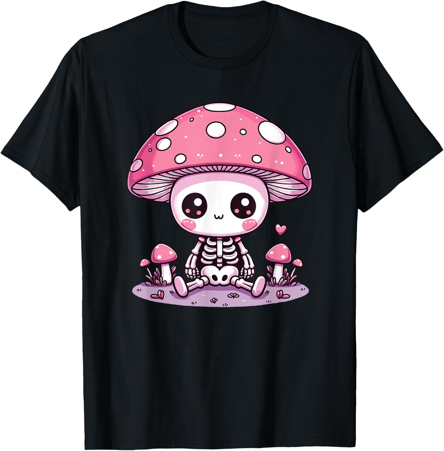Cute Mushroom Skeleton Kawaii Spooky Skeleton T-Shirt - T-Shirt | Black