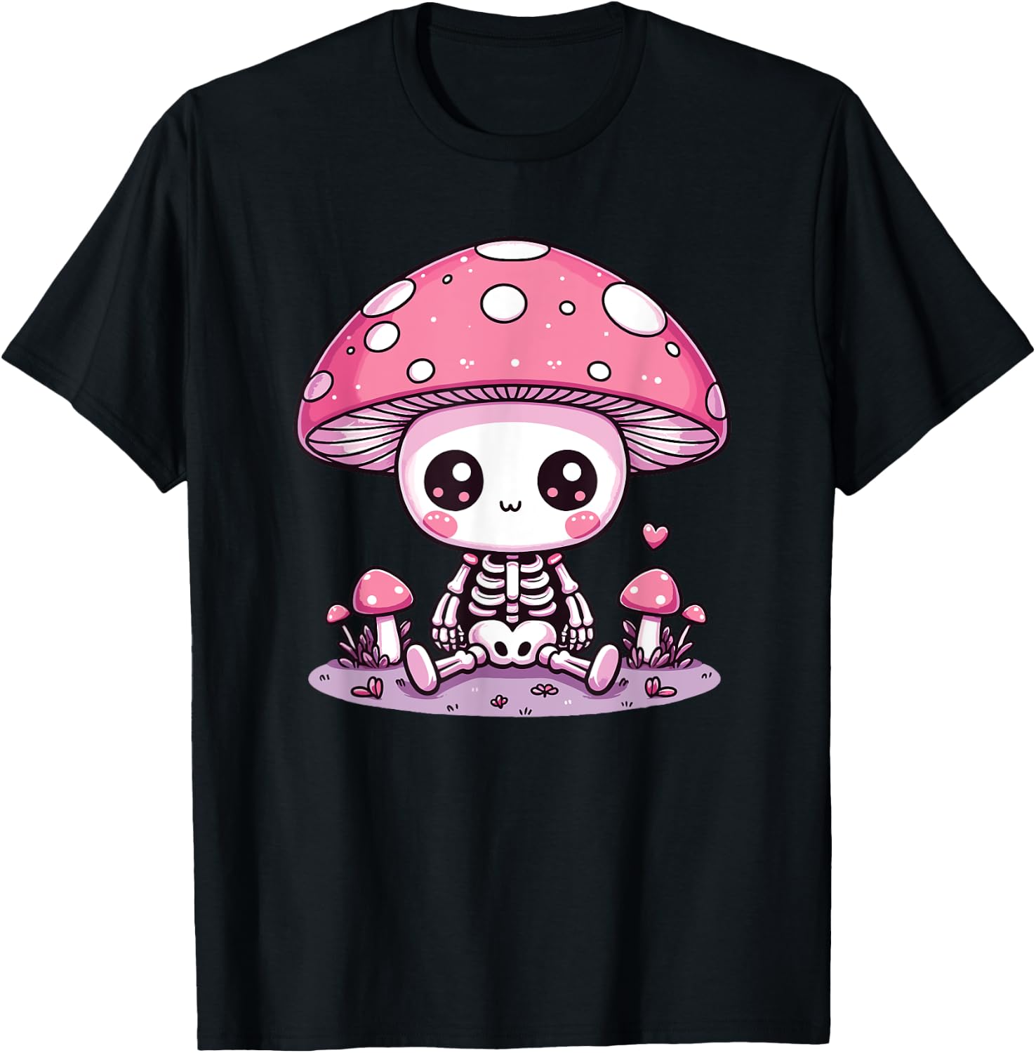 Cute Mushroom Skeleton Kawaii Spooky Skeleton T-Shirt - T-Shirt | Black