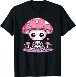 Cute Mushroom Skeleton Kawaii Spooky Skeleton T-Shirt - T-Shirt | Black