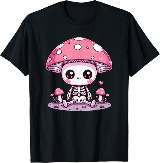 Cute Mushroom Skeleton Kawaii Spooky Skeleton T-Shirt - T-Shirt | Black