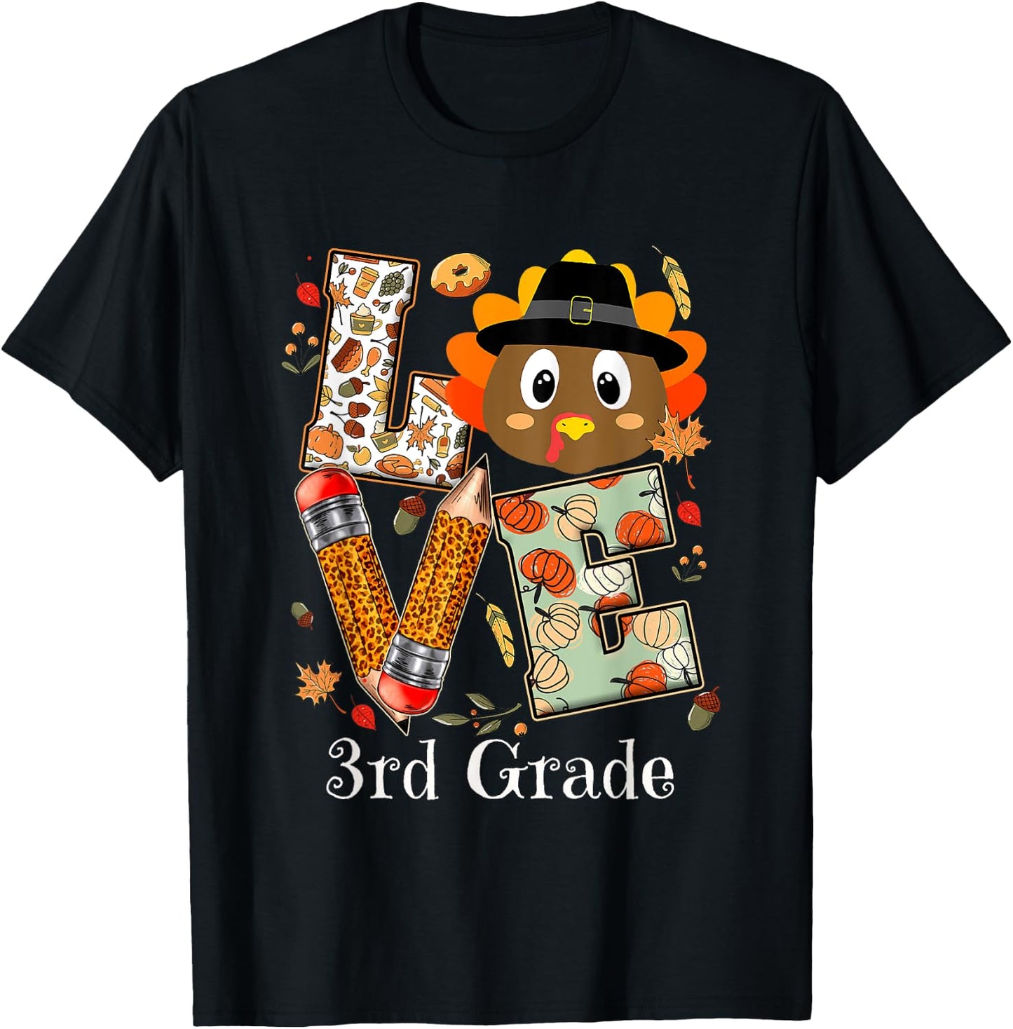 Love 3rd Grade Happy Fall Thanksgiving Women Teacher T-Shirt - T-Shirt | Black