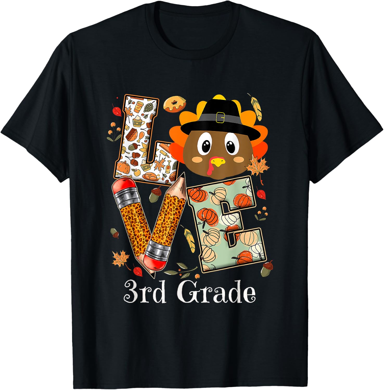 Love 3rd Grade Happy Fall Thanksgiving Women Teacher T-Shirt - T-Shirt | Black