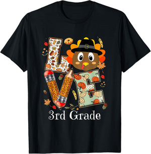 Love 3rd Grade Happy Fall Thanksgiving Women Teacher T-Shirt - T-Shirt | Black