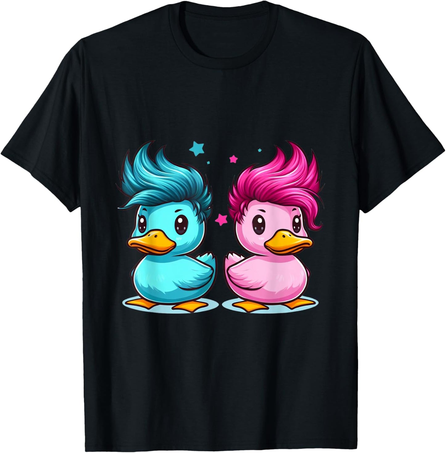 Pink and Blue Ducks with Spunky Hair Cute Style T-Shirt - T-Shirt | Black