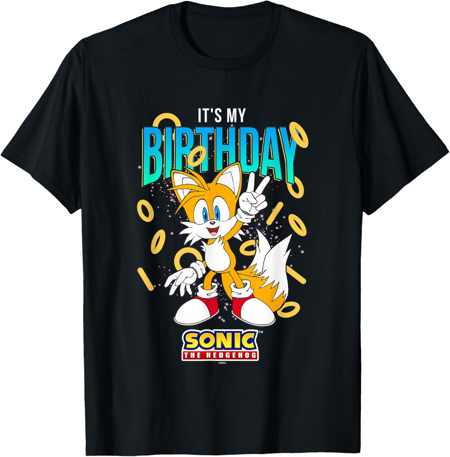 Sonic The Hedgehog Birthday It's My Birthday Tails Rings T-Shirt - T-Shirt | Black