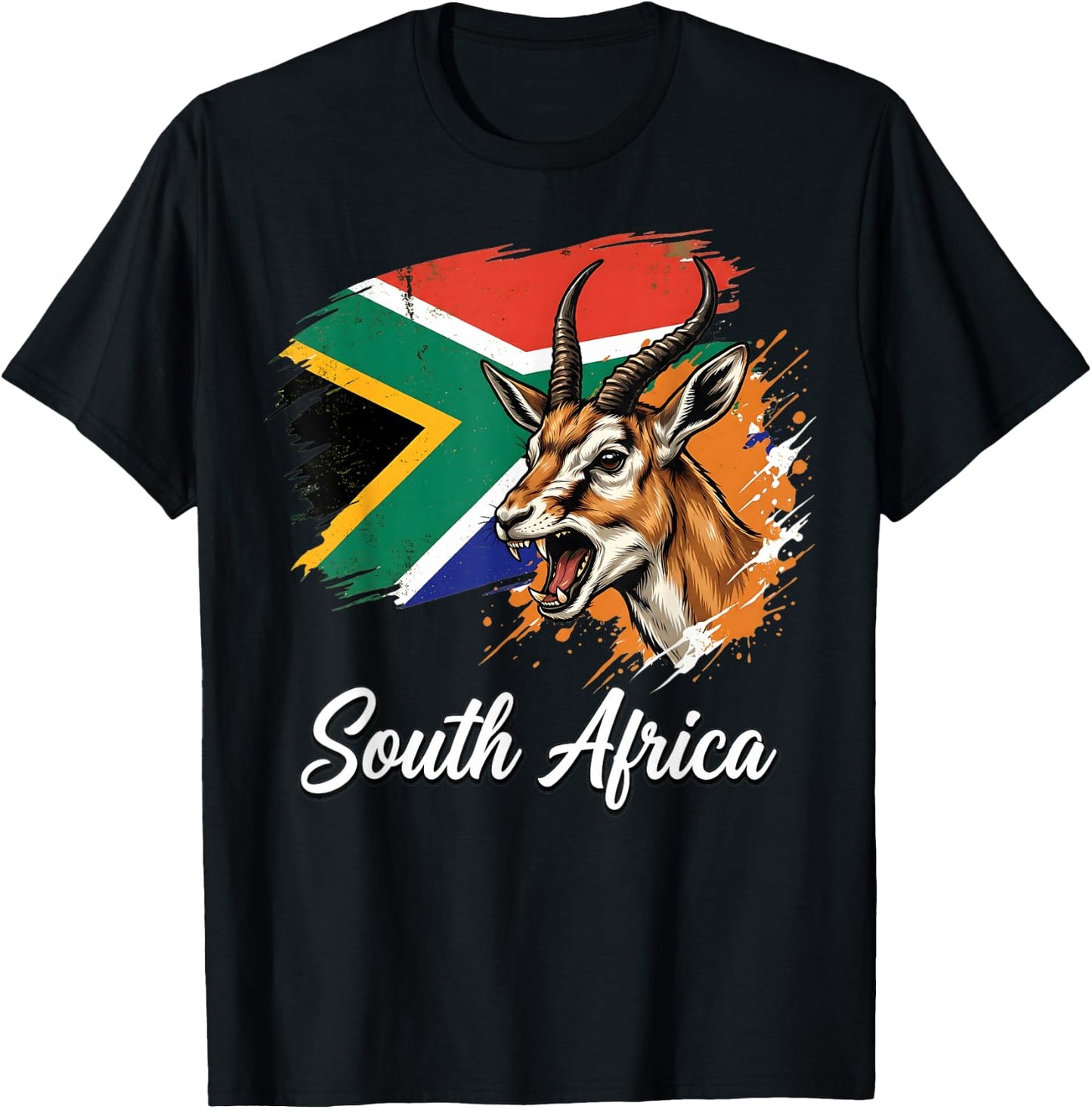 South Africa National Flag with Springbok Antelope T-Shirt - T-Shirt | Black