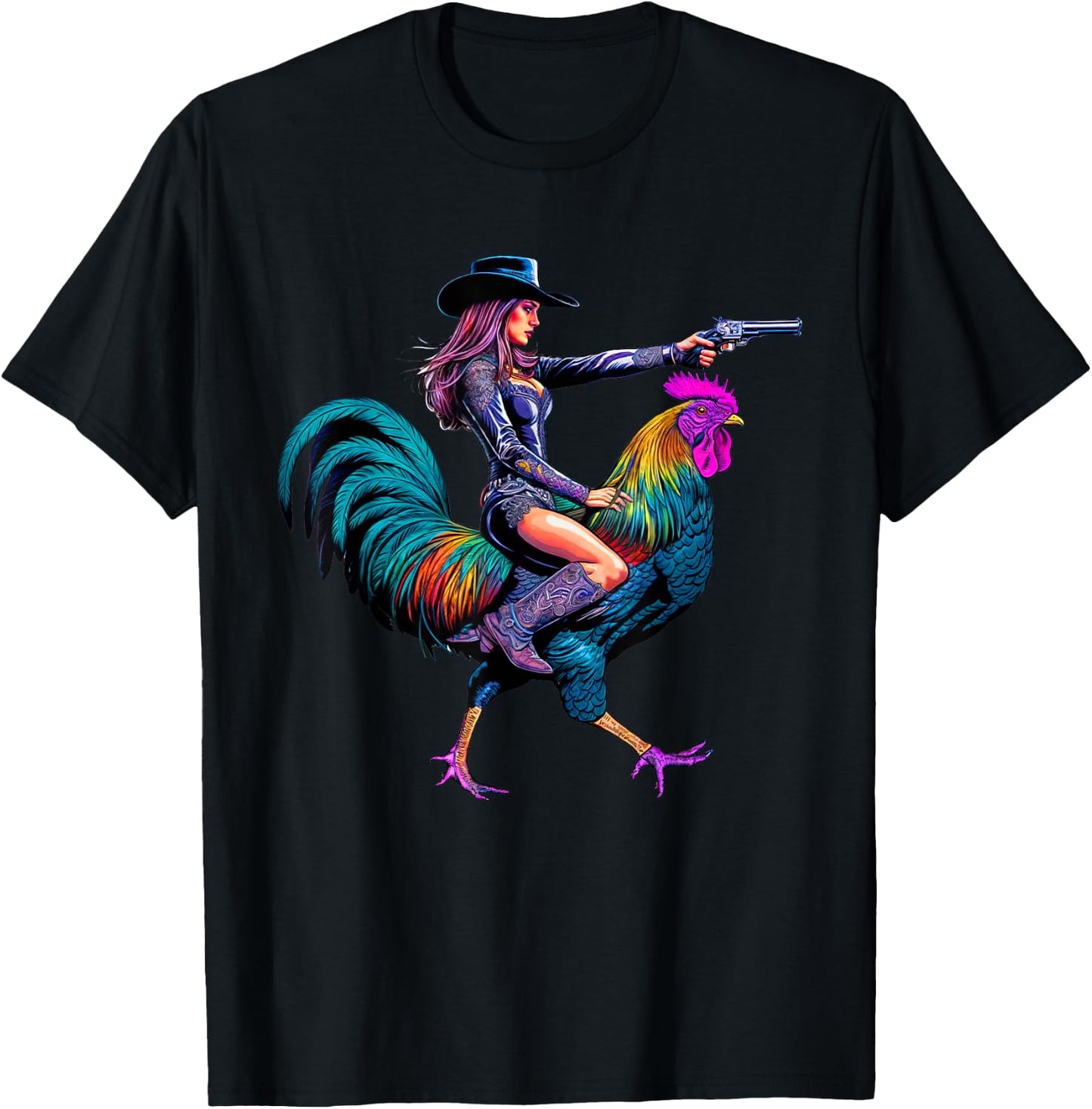 Rooster Cowboy Cowgirl Riding Chicken Whimsical Western T-Shirt - T-Shirt | Black
